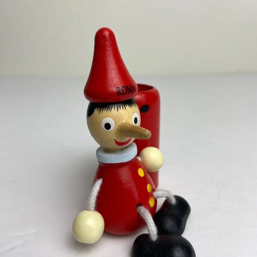 Vintage Wooden Pinocchio pencil holder Makeup Like new